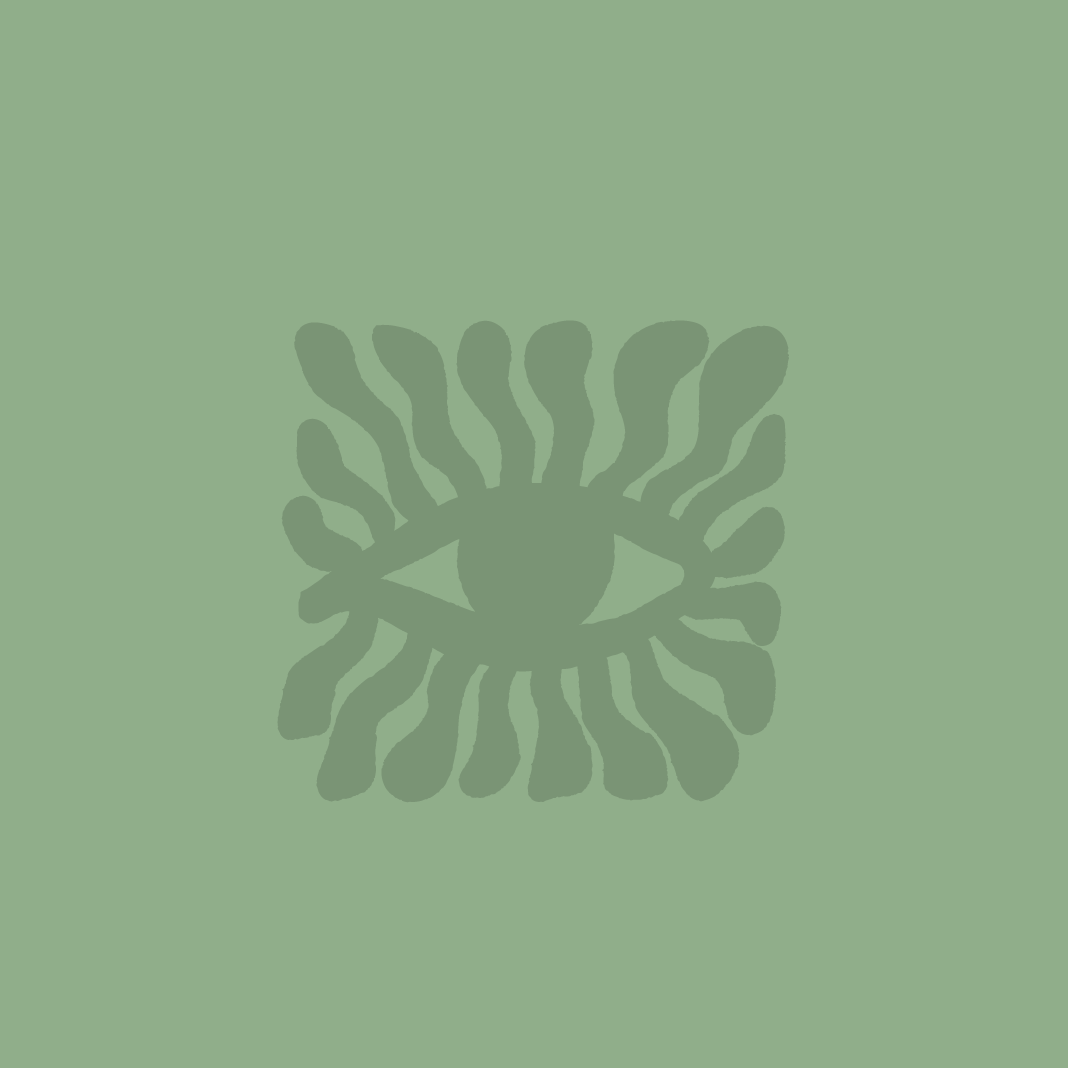 wild mojo logo with botanical illustration, eye in centre with heart. Cacao & kawakawa tonics
